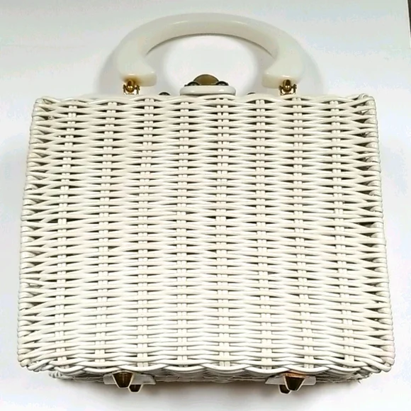 Vintage 1950s Mid Century ADELES Miami Beaded Lucite Wicker Box Bag - Picture 4 of 16
